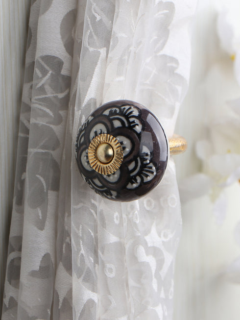 DARK BROWN FLOWER DESIGN CURTAIN TIE BACKS HOOK - (SET OF TWO PIECES)